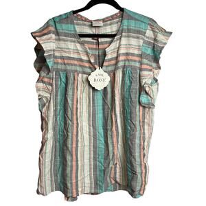 Knox Rose Women's Teal Green Striped Flutter Short Sleeve Top - Size XS - NWT